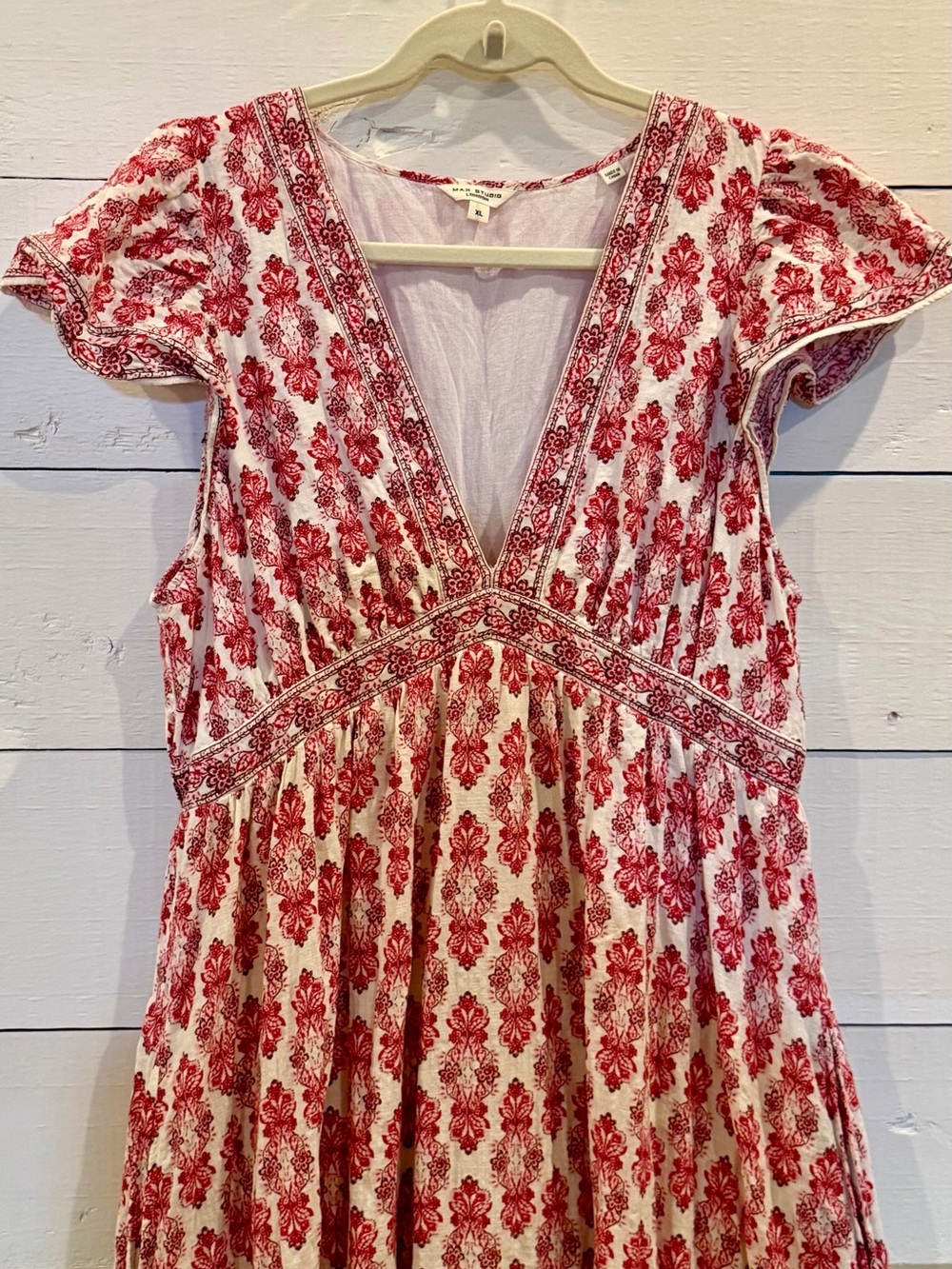 Max Studio London XL Red White Floral Boho Maxi Dress V Neck Pockets